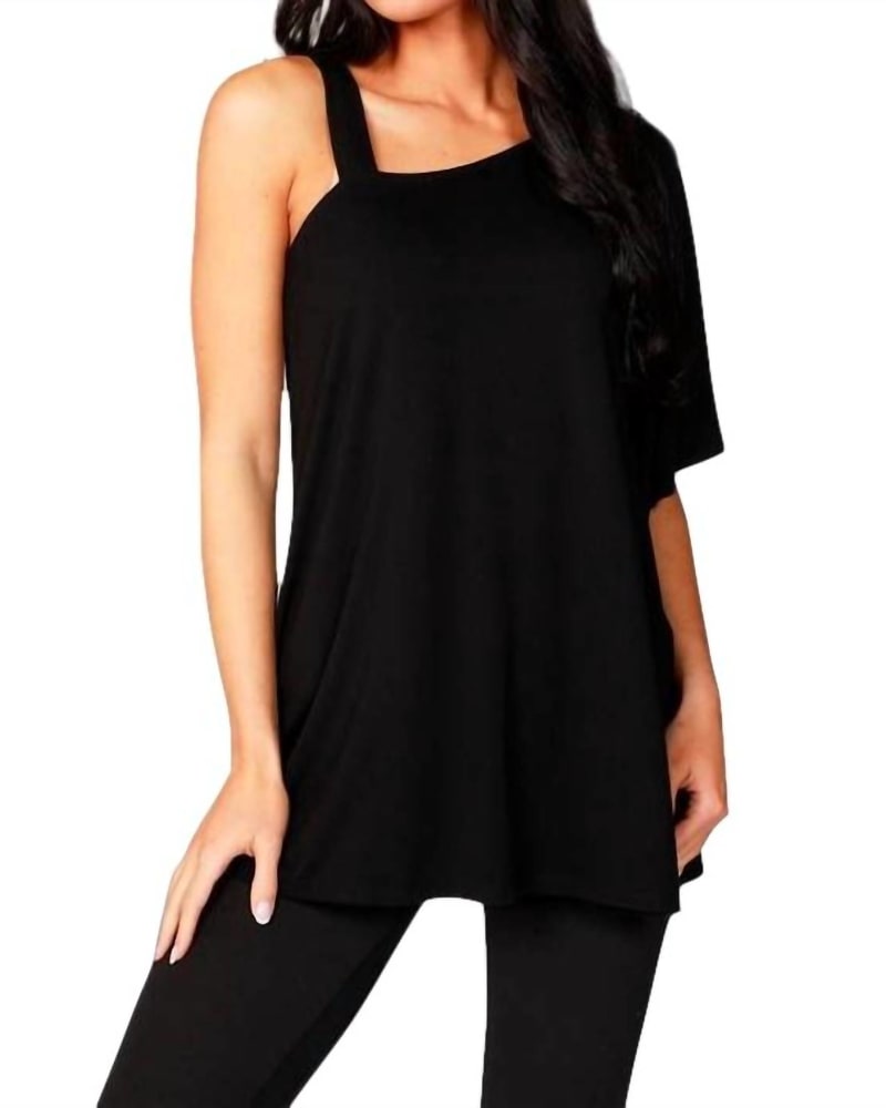 Front of a model wearing a size XL Caitlyn Asymmetrical Top In Black in Black by french kyss. | dia_product_style_image_id:346512